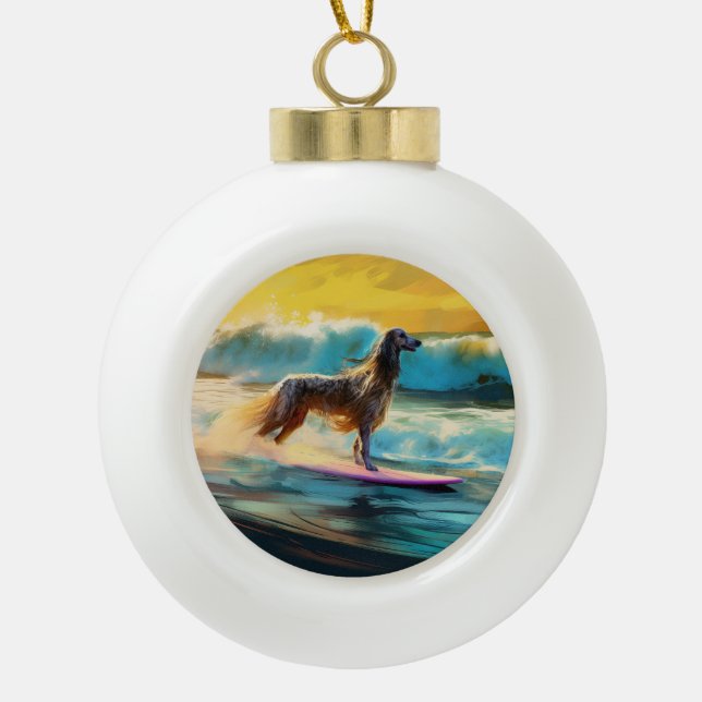 Afghan Hound Beach Surfing Painting  Ceramic Ball Christmas Ornament (Front)