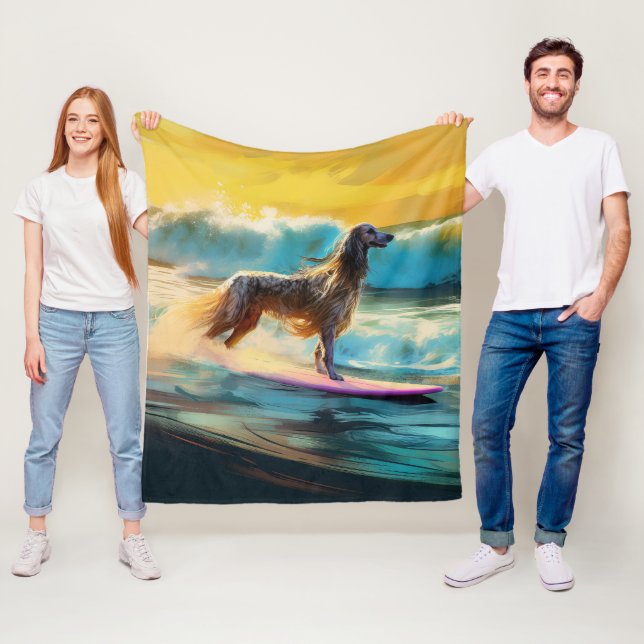 Afghan Hound Beach Surfing Painting  Fleece Blanket (In Situ)
