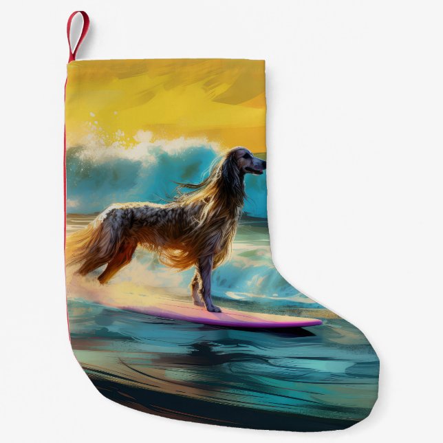 Afghan Hound Beach Surfing Painting  Small Christmas Stocking (Front)