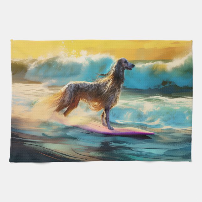 Afghan Hound Beach Surfing Painting  Tea Towel (Horizontal)
