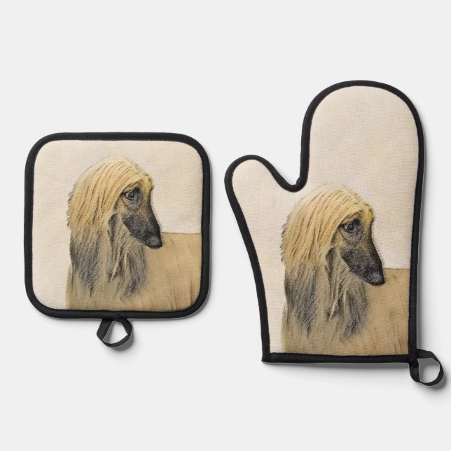 Afghan Hound Black Masked Red Painting Pet Dog Art Oven Mitt & Pot Holder Set (Front)