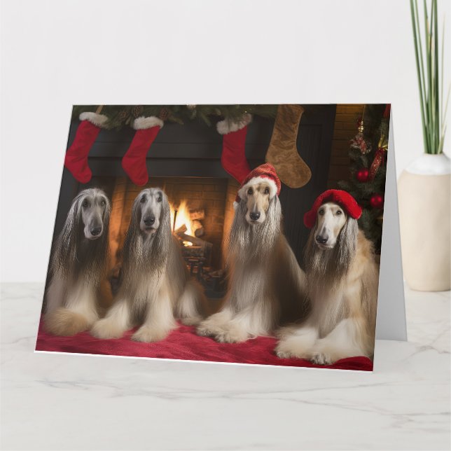 Afghan Hound by the Fireplace Christmas Card (Front)