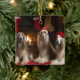 Afghan Hound by the Fireplace Christmas Ceramic Ornament