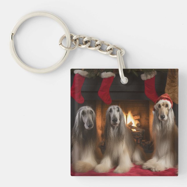 Afghan Hound by the Fireplace Christmas Key Ring (Front)