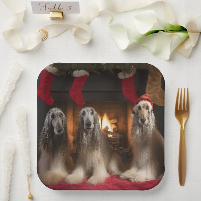 Afghan Hound by the Fireplace Christmas Paper Plate (Wedding)