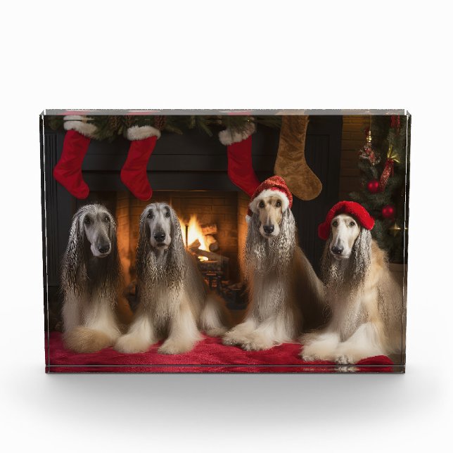 Afghan Hound by the Fireplace Christmas Photo Block (Front)