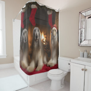 Afghan Hound by the Fireplace Christmas Shower Curtain