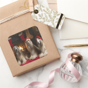 Afghan Hound by the Fireplace Christmas Square Sticker