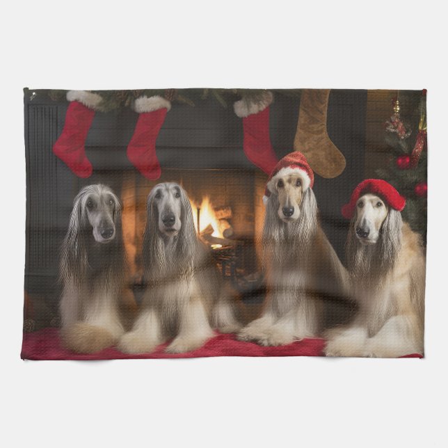 Afghan Hound by the Fireplace Christmas Tea Towel (Horizontal)