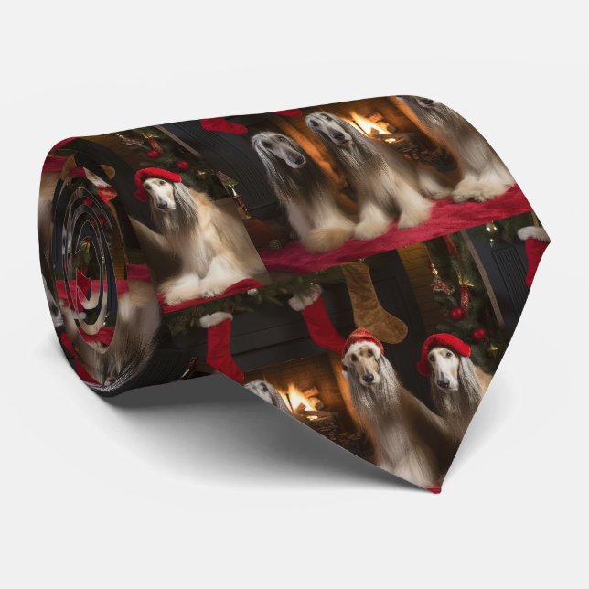 Afghan Hound by the Fireplace Christmas Tie (Rolled)