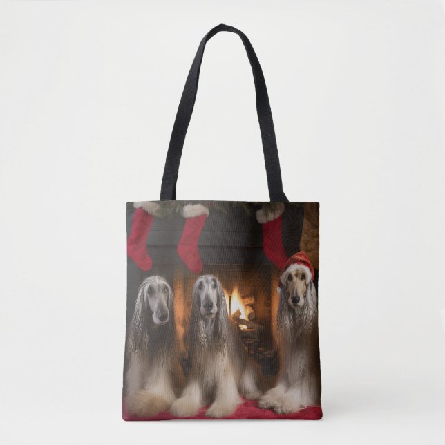Afghan Hound by the Fireplace Christmas Tote Bag (Front)