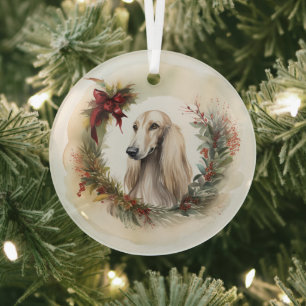 Afghan Hound Christmas Wreath Festive Pup  Glass Tree Decoration