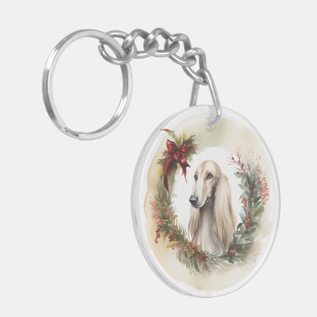 Afghan Hound Christmas Wreath Festive Pup  Key Ring (Front Left)
