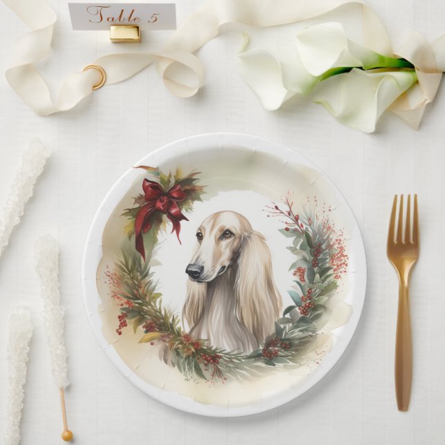 Afghan Hound Christmas Wreath Festive Pup  Paper Plate (Wedding)