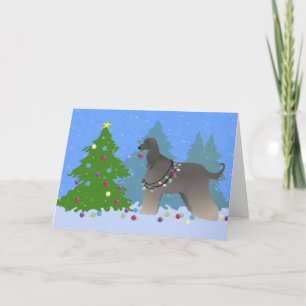 Afghan Hound decorating christmas tree-forest Holiday Card