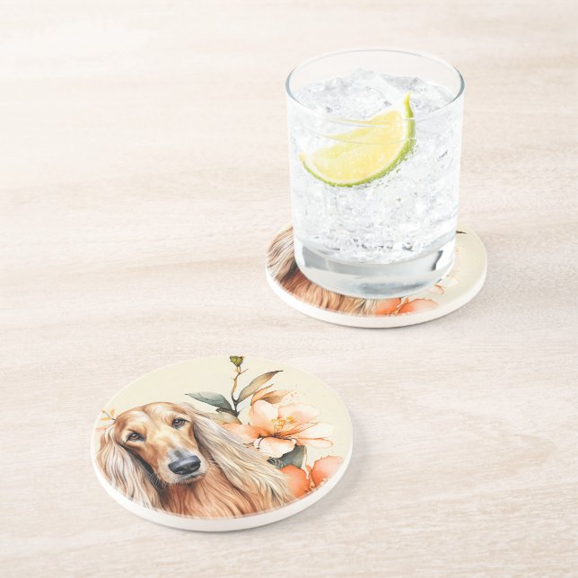 Afghan Hound Dog and Peach Lilies Coaster (Side)