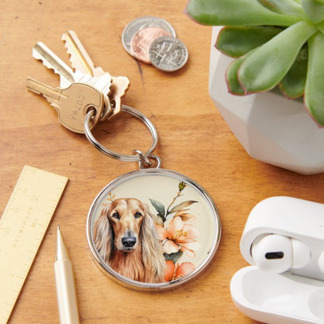 Afghan Hound Dog and Peach Lilies Key Ring (Desk)