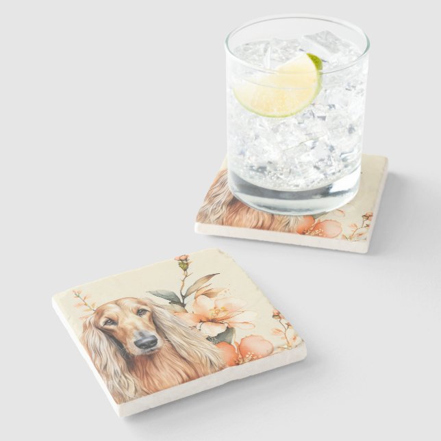 Afghan Hound Dog and Peach Lilies Stone Coaster (Side)