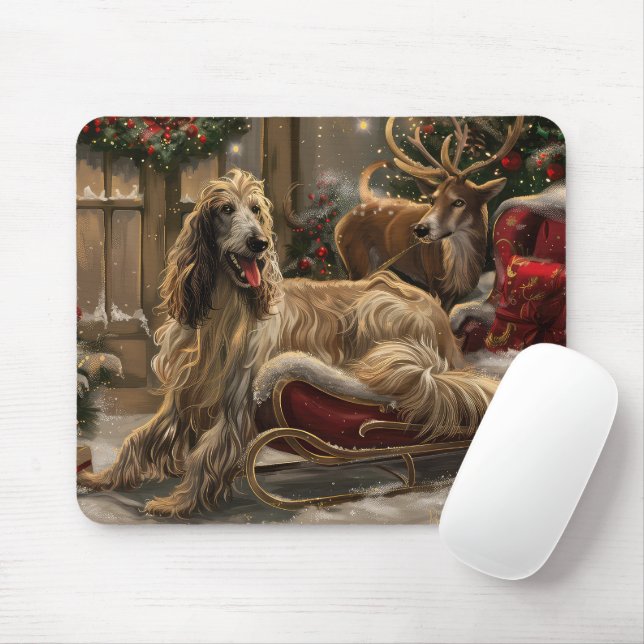 Afghan Hound Dog Christmas Festive Mouse Mat (With Mouse)