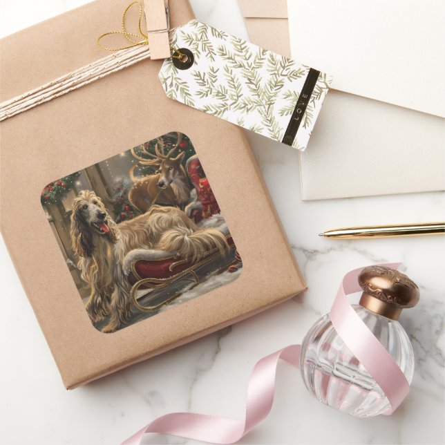 Afghan Hound Dog Christmas Festive Square Sticker (Gifting)
