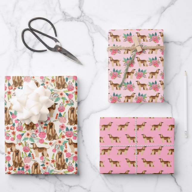 Afghan Hound Dog Cute Pink Floral Wrapping Paper Sheet (Front)