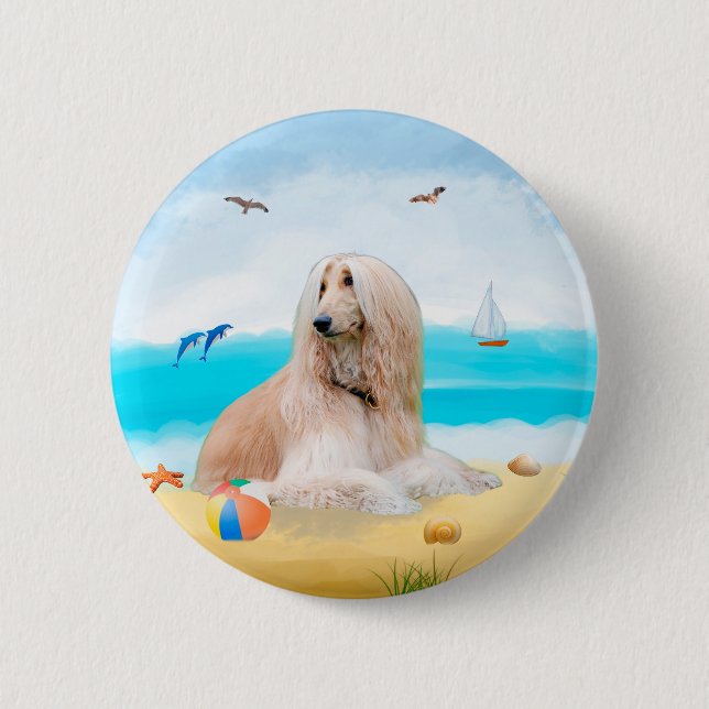 Afghan Hound Dog on Beach 6 Cm Round Badge (Front)