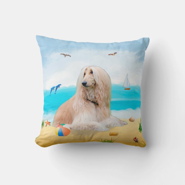 Afghan Hound Dog on Beach Cushion (Front)