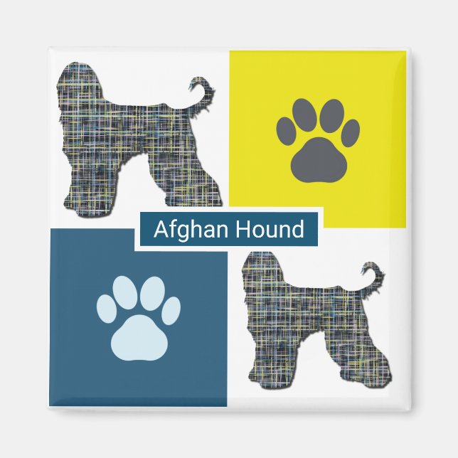 Afghan Hound Dog & Paw Yellow & Blue Grid Magnet (Front)