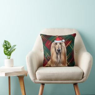Afghan Hound Dog Red Plaid Christmas Holiday Cushion