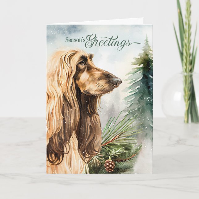 Afghan Hound Dog Season's Greetings Woodland Holiday Card (Front)
