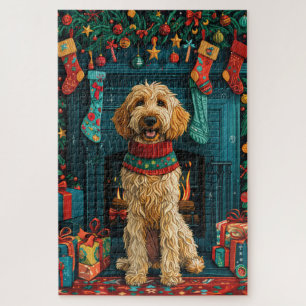 Afghan Hound Dog With Christmas Gifts Fireplace Jigsaw Puzzle