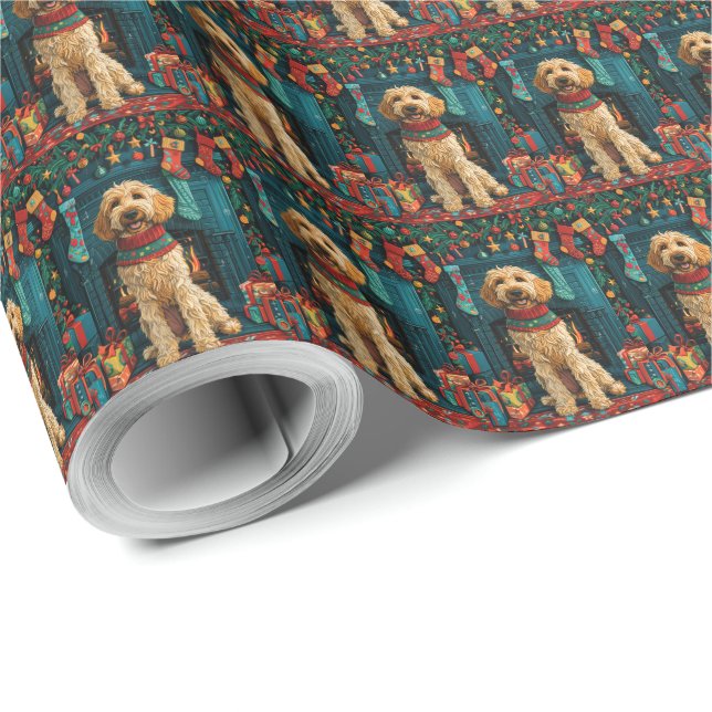 Afghan Hound Dog With Christmas Gifts Fireplace Wrapping Paper (Roll Corner)