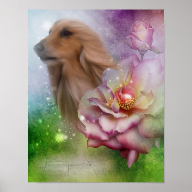 Afghan Hound Face Fantasy Flowers Dog Art Poster (Front)