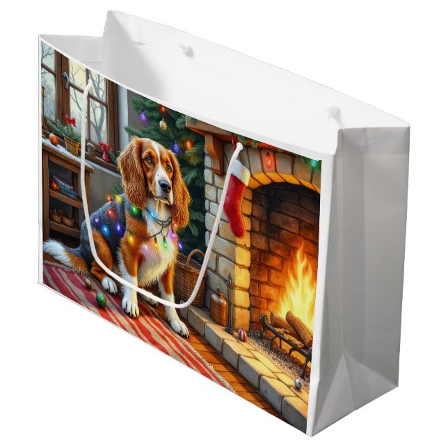 Afghan Hound Fireplace with Christmas Lights Large Gift Bag (Front Angled)