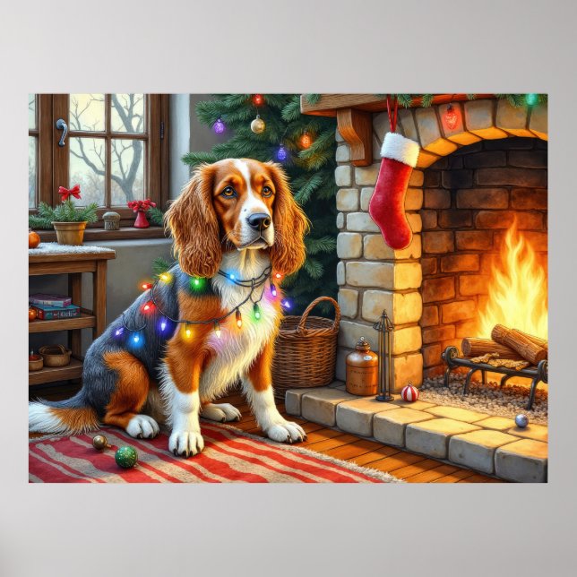 Afghan Hound Fireplace with Christmas Lights Poster (Front)