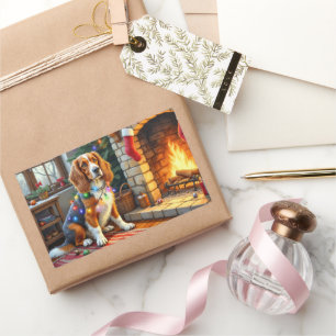 Afghan Hound Fireplace with Christmas Lights Rectangular Sticker