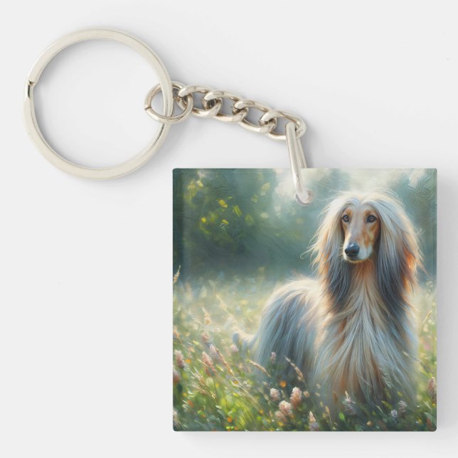 Afghan Hound In Floral Meadow Art Key Ring (Front)