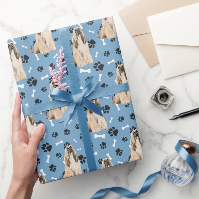 Afghan Hound Paw Print Pattern on Blue Wrapping Paper (Gifting)