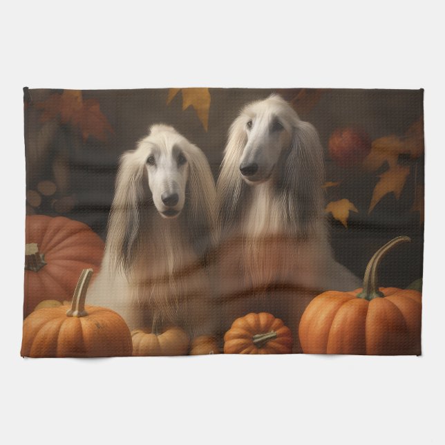 afghan hound Puppy Autumn Delight Pumpkin Tea Towel (Horizontal)