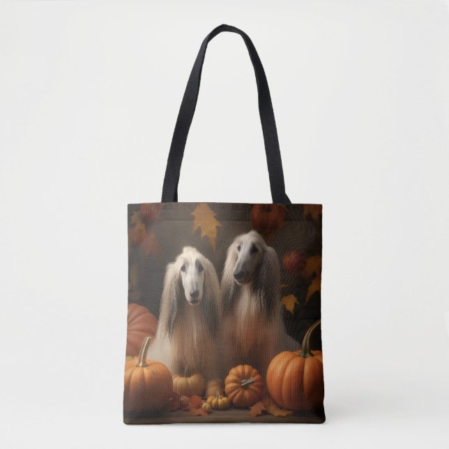 afghan hound Puppy Autumn Delight Pumpkin Tote Bag (Front)