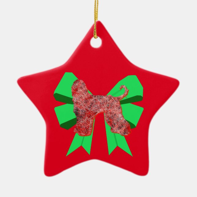 Afghan Hound Red Dog & Green Bow Christmas Ceramic Tree Decoration (Front)
