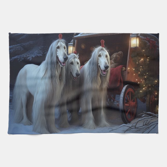 Afghan Hound Snowy Sleigh Ride Christmas Decor Tea Towel (Horizontal)
