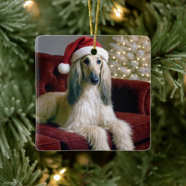 Afghan Hound Wearing a Santa Claus Hat Ceramic Ornament (Tree)