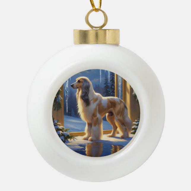 Afghan Hound With Christmas Lights Holiday Ceramic Ball Christmas Ornament (Front)