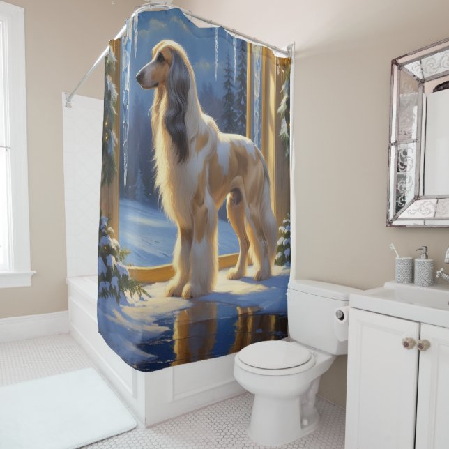 Afghan Hound With Christmas Lights Holiday Shower Curtain (In Situ)