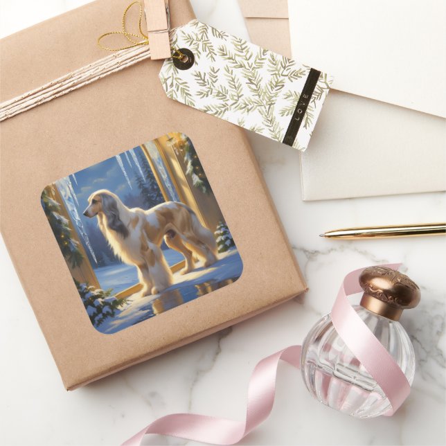 Afghan Hound With Christmas Lights Holiday Square Sticker (Gifting)