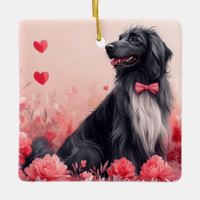 Afghan Hound with Roses - Valentine's Day  Ceramic Ornament (Front)