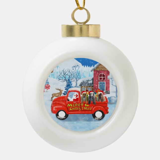 Afghan Hounds Dog in Christmas Delivery Truck Snow Ceramic Ball Christmas Ornament (Front)