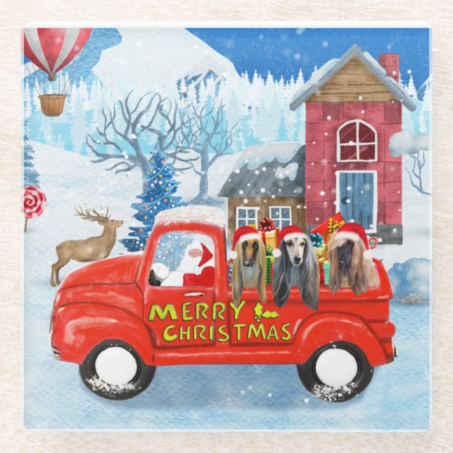 Afghan Hounds Dog in Christmas Delivery Truck Snow Glass Coaster (Front)