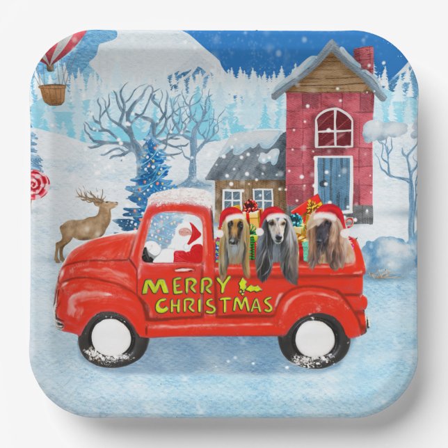Afghan Hounds Dog in Christmas Delivery Truck Snow Paper Plate (Front)